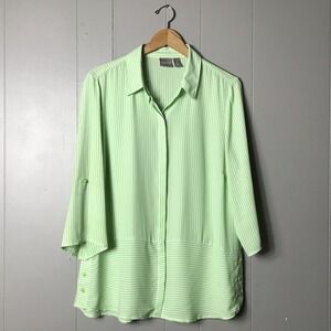 CHICO'S LIME GREEN STRIPED BUTTON DOWN TUNIC BLOUSE 3/4 SLEEVE WOMENS SIZE LARGE